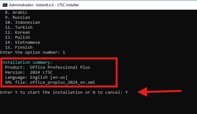 Resumen del producto antes de confirmar la instalación
