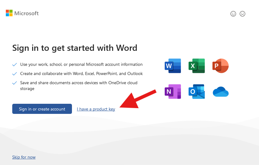 Opción Tengo una clave de producto en Microsoft Word