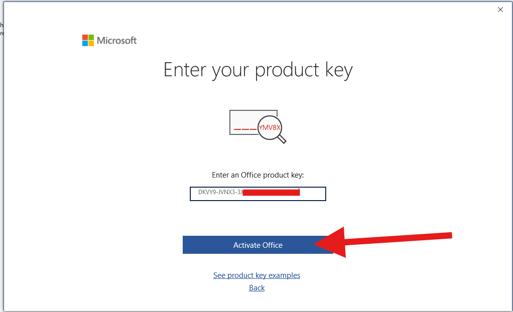 Ventana para introducir la clave de producto de Office