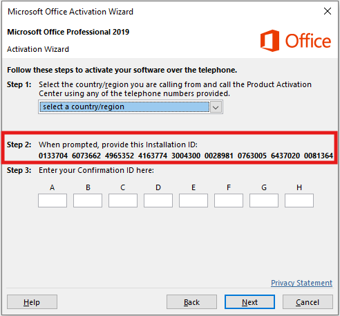 Asistente de Office mostrando los grupos del ID de instalación