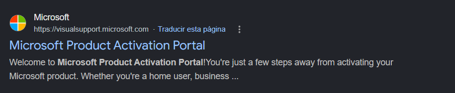 Resultado de búsqueda del portal de activación de productos de Microsoft