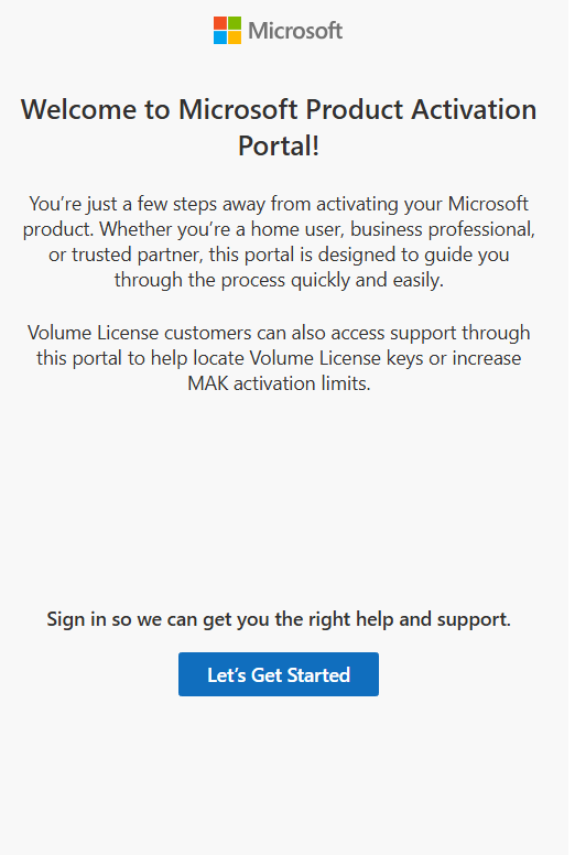 Opción para activar un producto en el portal de Microsoft