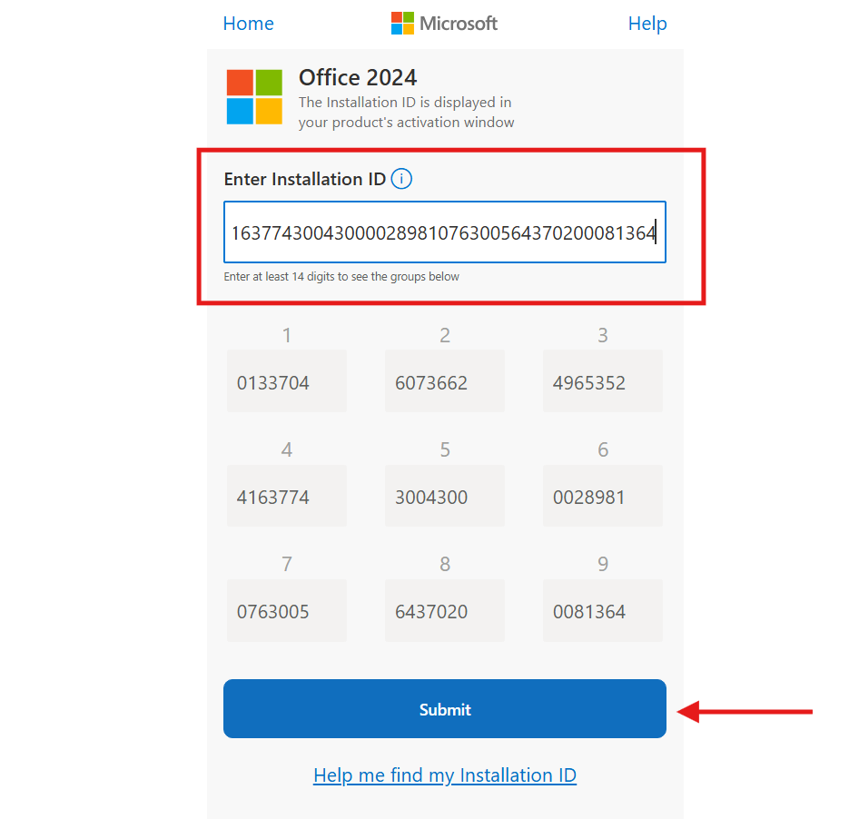Campos para escribir el ID de instalación en el portal